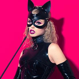 BDSM meets, girl in black leather cat suit