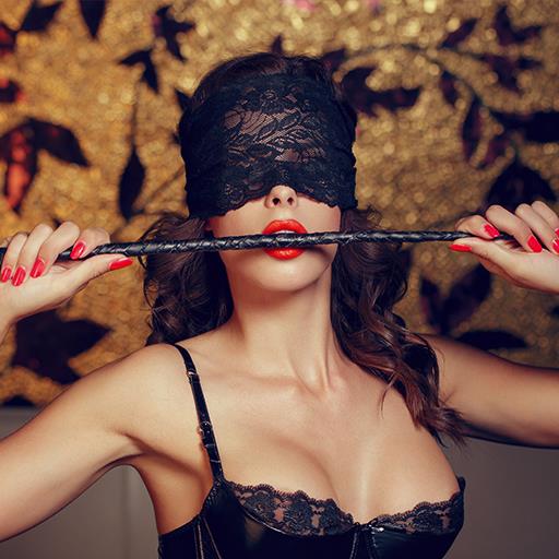 blindfolded woman with whip