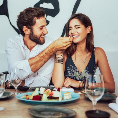 couple sharing meal, happy, foodie singles